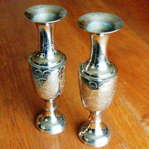 Quality Pair of Tall Etched Brass Vases - Height 290mm