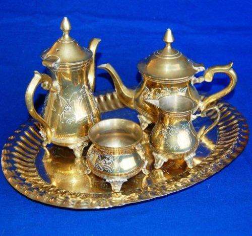 A quality Etched Brass Matching Tea Set and Tray - Tallest Pot is 175mm