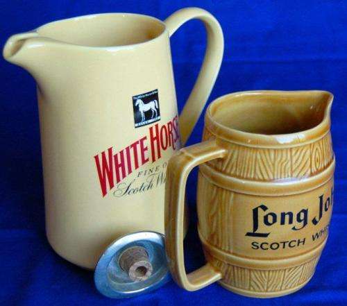 White Horse & Long John Water Jugs - White Horse Jug is 180mm High - Free Bottle Stopper.