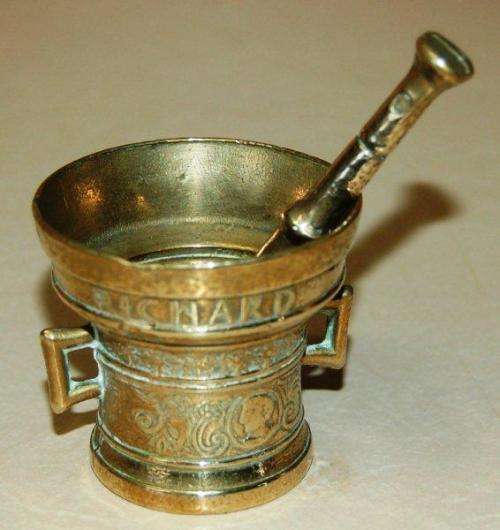 2 Solid Brass Apothecary Chemist Pestles & Mortars - one marked  Richard Startyn