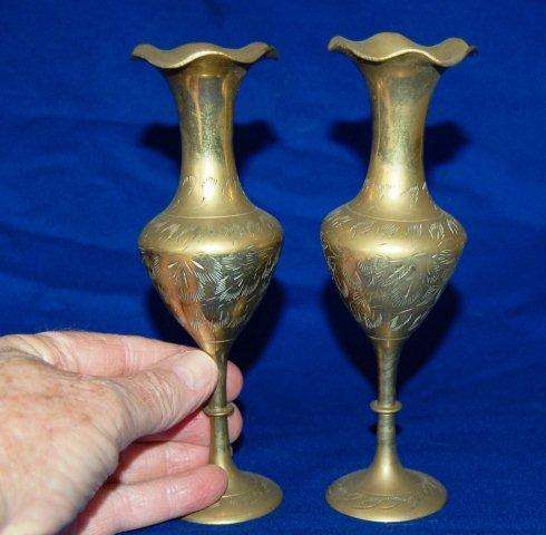 Vintage Pair of small etched Brass Vases - Height 175mm