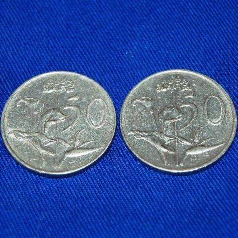2 X 50c S.A. Coins - 1977 and 1989