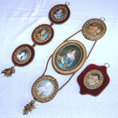2 Sets of Vintage 3 Tier Wall Hanging Silk Portraits and one single. One set has velvet lining.