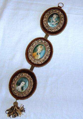 2 Sets of Vintage 3 Tier Wall Hanging Silk Portraits and one single. One set has velvet lining.