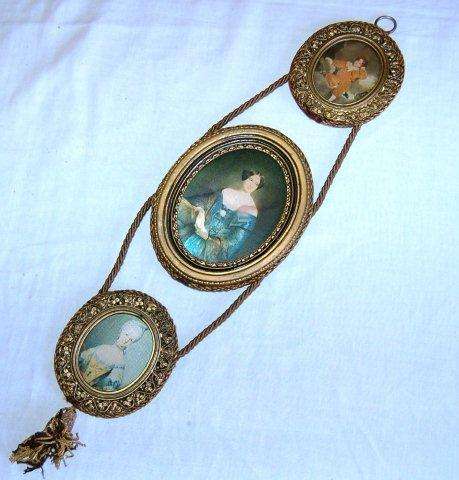 2 Sets of Vintage 3 Tier Wall Hanging Silk Portraits and one single. One set has velvet lining.