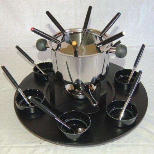 New Boxed 23 Piece Stainless Fondue Set with Wooden Revolving Rack - Read Description for details