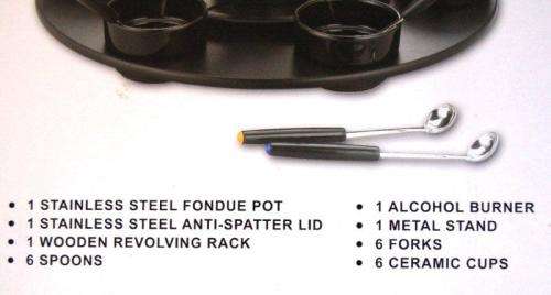 New Boxed 23 Piece Stainless Fondue Set with Wooden Revolving Rack - Read Description for details