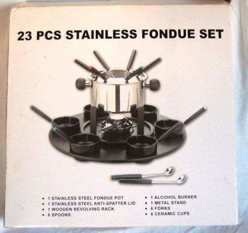 New Boxed 23 Piece Stainless Fondue Set with Wooden Revolving Rack - Read Description for details