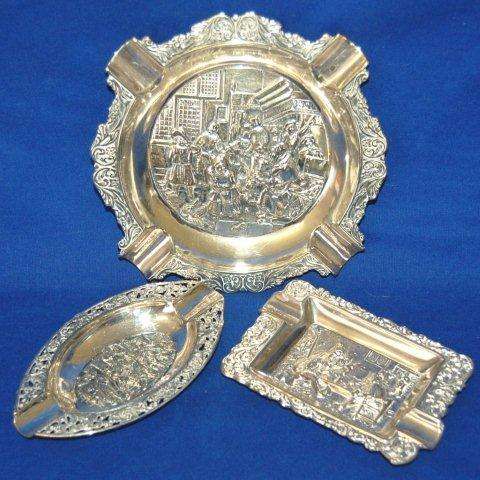 3 Superb Silver Plated Embossed Ashtrays - Largest Diameter 165mm