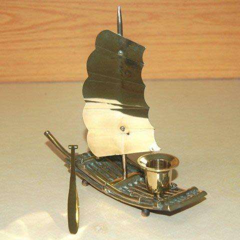 Unusual Vintage Brass Raft Candle Holder. Includes a Sail and a Paddle. 180mm X 180mm