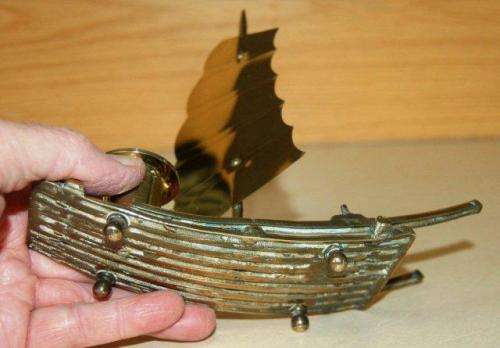 Unusual Vintage Brass Raft Candle Holder. Includes a Sail and a Paddle. 180mm X 180mm