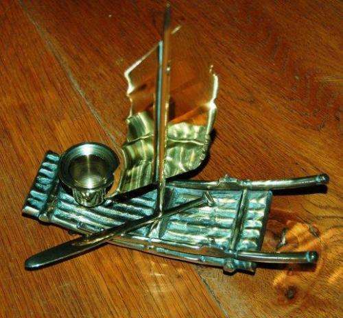 Unusual Vintage Brass Raft Candle Holder. Includes a Sail and a Paddle. 180mm X 180mm