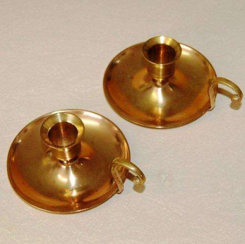 Pair of Vintage Brass Chamber Stick Candle Holders - Base Diameter. 100mm