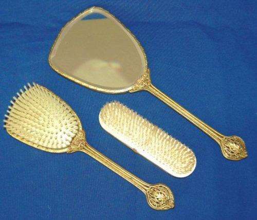 Beautiful Vintage Embroidered 3 Piece Vanity Set - Mirror Length 325mm - Good condition.