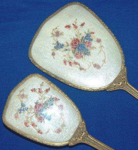 Beautiful Vintage Embroidered 3 Piece Vanity Set - Mirror Length 325mm - Good condition.