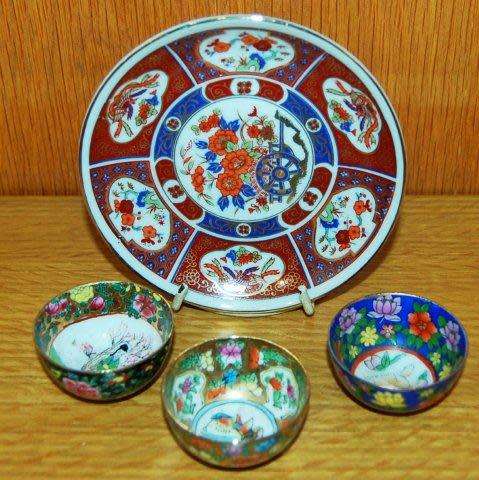 Japanese Pin Dish (See back stamp) & 3 Miniature Bowls- Pin dish Dia 120mm