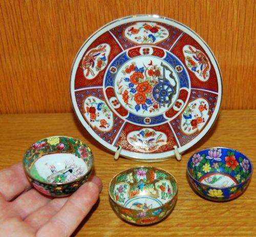 Japanese Pin Dish (See back stamp) & 3 Miniature Bowls- Pin dish Dia 120mm