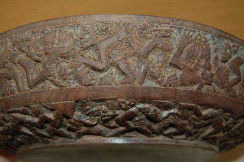 Rare Large Heavy Wooden Bowl with Hand Carved Characters around the rim Dia 300mm