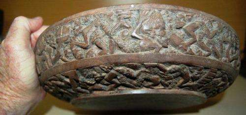 Rare Large Heavy Wooden Bowl with Hand Carved Characters around the rim Dia 300mm