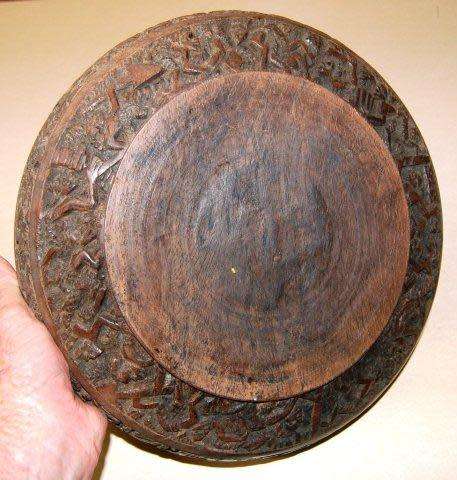 Rare Large Heavy Wooden Bowl with Hand Carved Characters around the rim Dia 300mm