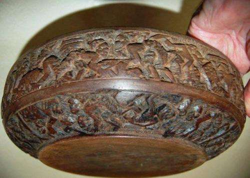 Rare Large Heavy Wooden Bowl with Hand Carved Characters around the rim Dia 300mm