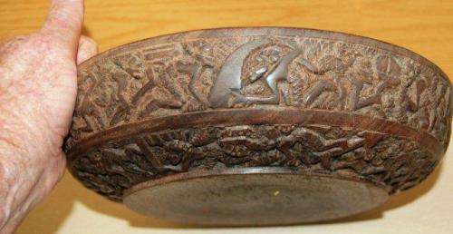 Rare Large Heavy Wooden Bowl with Hand Carved Characters around the rim Dia 300mm