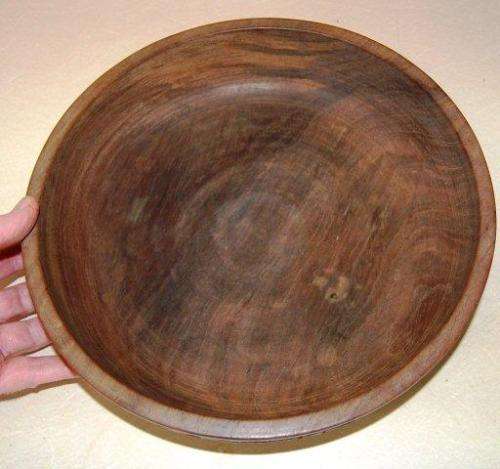 Rare Large Heavy Wooden Bowl with Hand Carved Characters around the rim Dia 300mm
