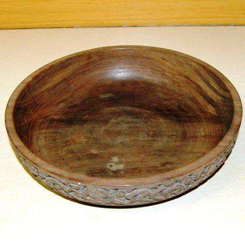 Rare Large Heavy Wooden Bowl with Hand Carved Characters around the rim Dia 300mm