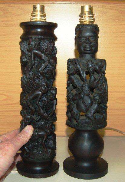 Two Intricately Carved Table Lamps. See description for further details.