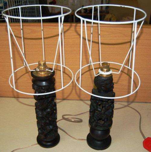 Two Intricately Carved Table Lamps. See description for further details.