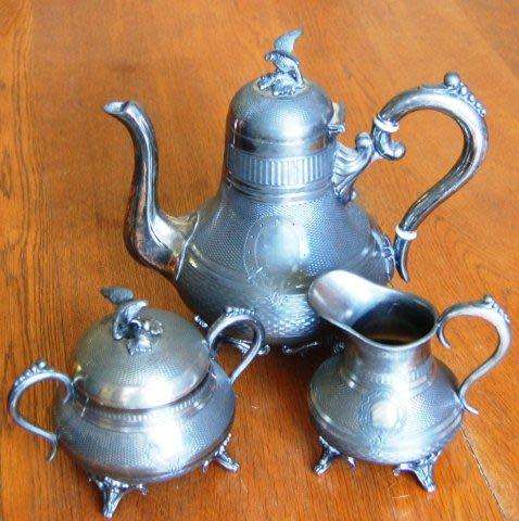 Rare Antique German Leuconide Metalware "Kayser Sohn" 3 Piece Tea Set Circa 1880 See description.
