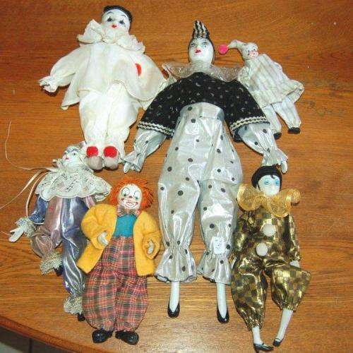 6 Assorted Clown Dolls - Some with Porcelain Heads & Hands - Tallest is 420mm