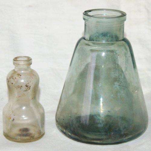 2 Old time glue bottles - Largest is 120mm High - Minor nick on the rim