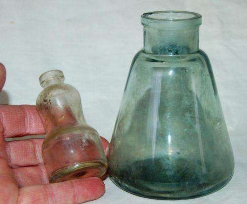 2 Old time glue bottles - Largest is 120mm High - Minor nick on the rim