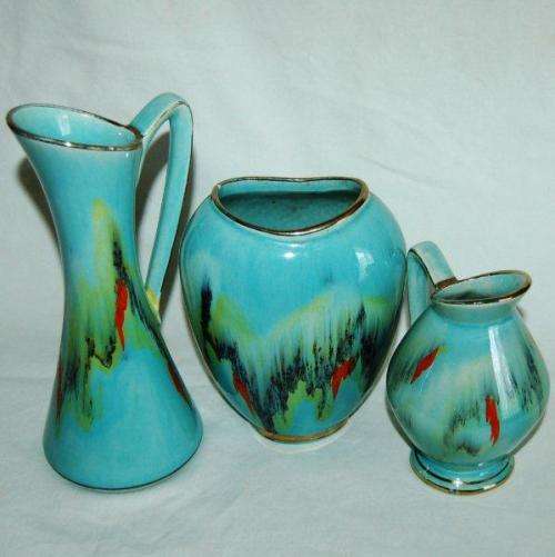 3 Vintage West German (Jasba ?) vases. Aqua abstract design - Tallest 200mm - Read description.