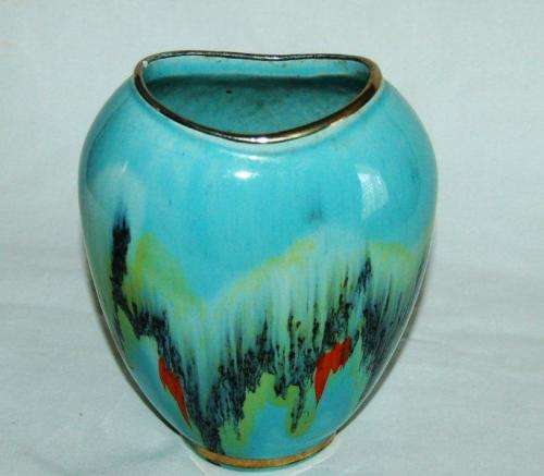 3 Vintage West German (Jasba ?) vases. Aqua abstract design - Tallest 200mm - Read description.