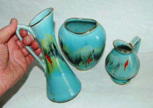 3 Vintage West German (Jasba ?) vases. Aqua abstract design - Tallest 200mm - Read description.