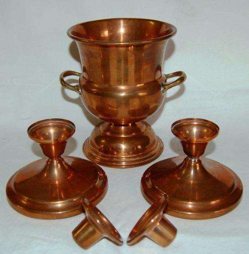 Pair of Copper Candle Holders and a Copper Vase with Brass Handles - Vase Height 145mm