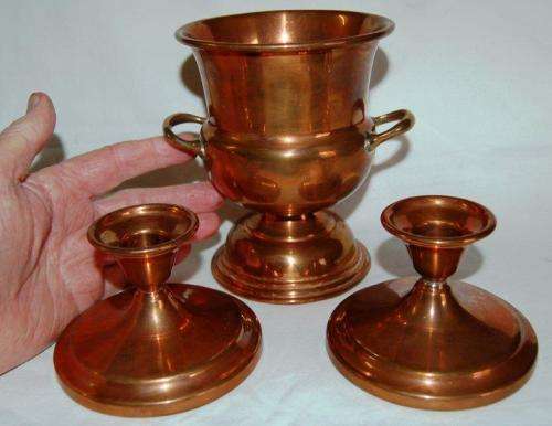 Pair of Copper Candle Holders and a Copper Vase with Brass Handles - Vase Height 145mm