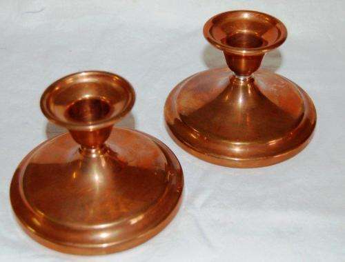 Pair of Copper Candle Holders and a Copper Vase with Brass Handles - Vase Height 145mm