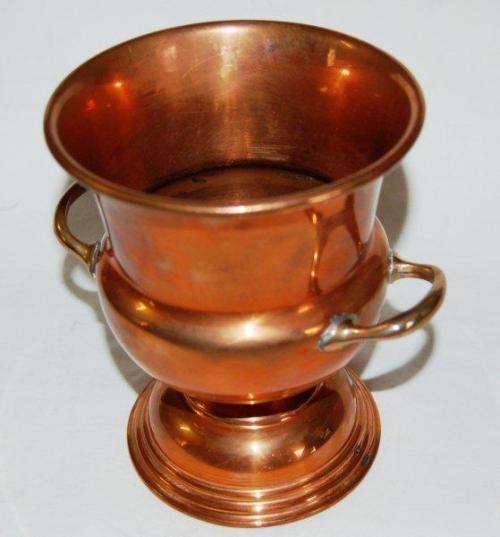 Pair of Copper Candle Holders and a Copper Vase with Brass Handles - Vase Height 145mm