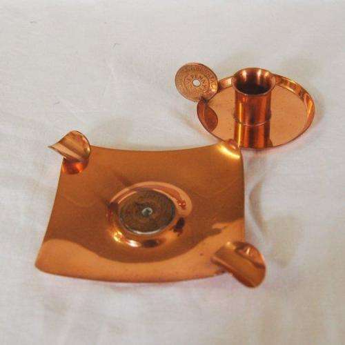 Copper Candle Holder and Ashtray Both with Rhodesia & Nyasaland Pennies.