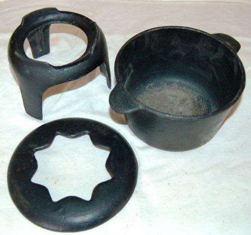 Pair of Cast Iron Fondue Pots on Stands with forks (No Burners). Each set weighs 2.85 Kg's