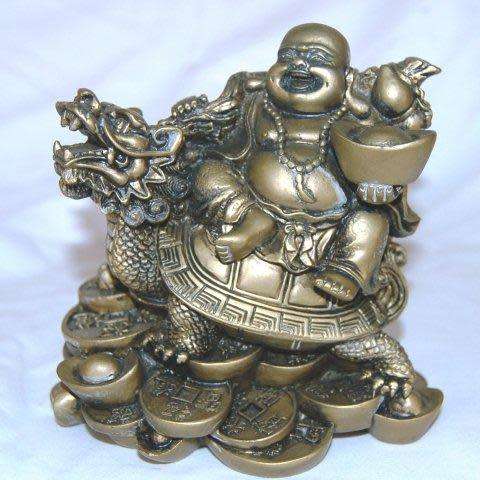 Laughing Composite Buddha on Dragon Turtle Holding Pearl of Wisdom - Height 110mm Width 110mm