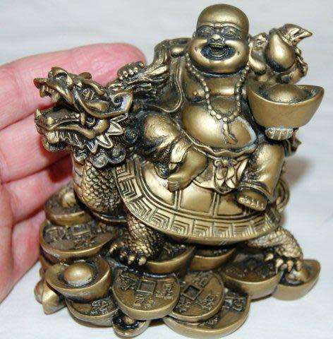 Laughing Composite Buddha on Dragon Turtle Holding Pearl of Wisdom - Height 110mm Width 110mm