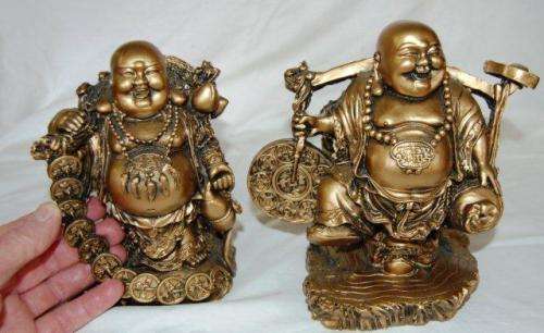 2 Laughing Composite Buddha Statuettes - Largest Height 180mm Width 180mm - Sold as one lot.