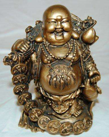 2 Laughing Composite Buddha Statuettes - Largest Height 180mm Width 180mm - Sold as one lot.