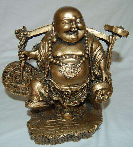 2 Laughing Composite Buddha Statuettes - Largest Height 180mm Width 180mm - Sold as one lot.