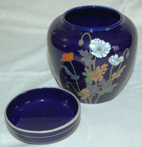 Attractive Blue Jar & Lid with Hand Painted Flowers - Made in Japan - Height 130mm Dia 110mm