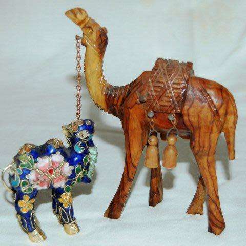Miniature Cloisonne Enamel FENGSHUI Wealth Camel with Gilt Trim - plus a carved Camel